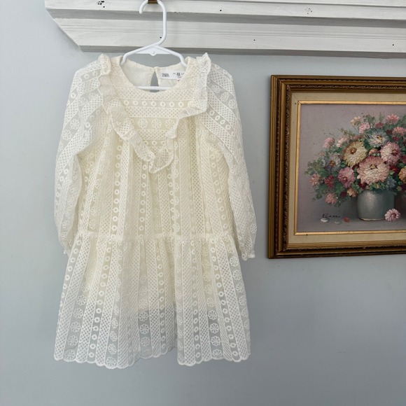 Zara Other - Zara Kids Girls Lace Dress White Ruffle Collar Long Sleeve Tiered Size 4-5